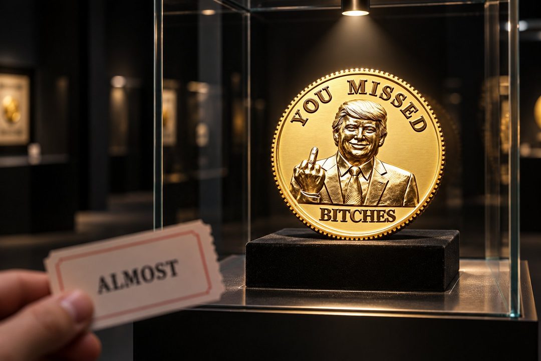 Gold YMB coin in a museum display case with an Almost admission ticket