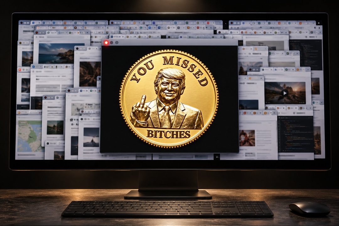 Desk monitor showing the gold You Missed Bitches coin among cluttered windows
