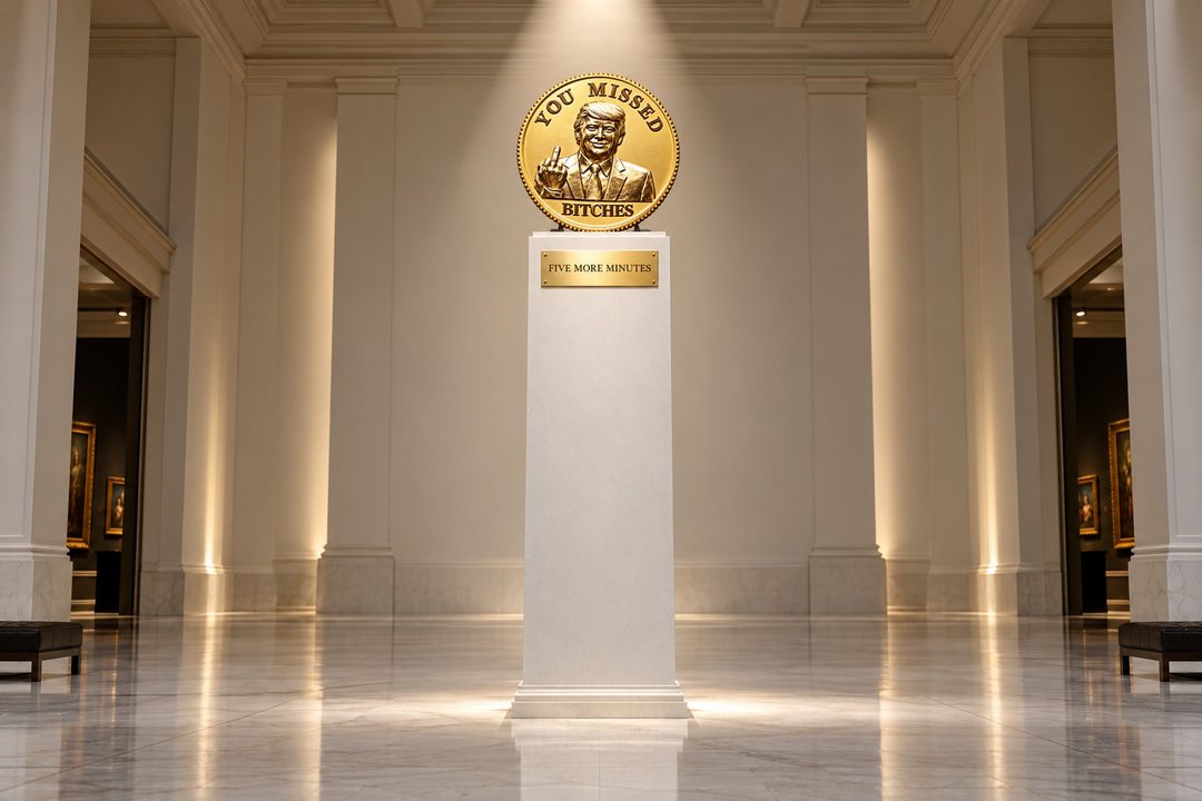 White gallery hall with a gold coin sculpture on a pedestal labeled Five More Minutes