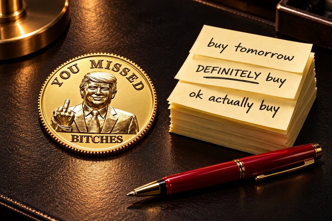 Gold coin beside sticky notes reading buy tomorrow and definitely buy