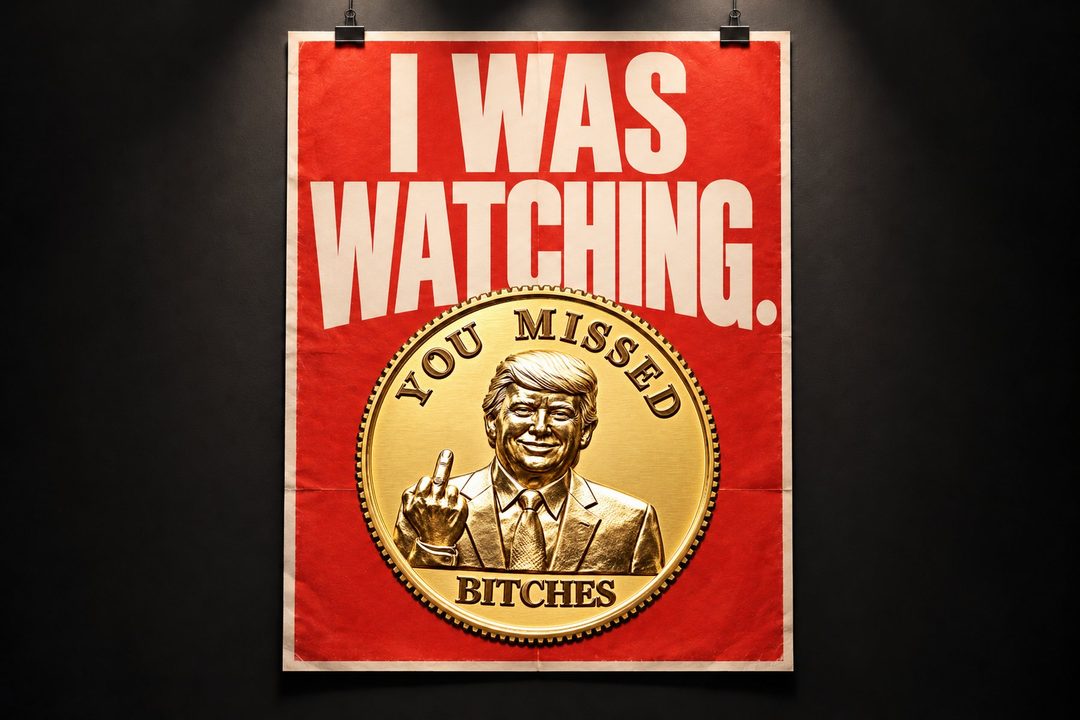 Red poster on a wall reading I Was Watching with the gold YMB coin