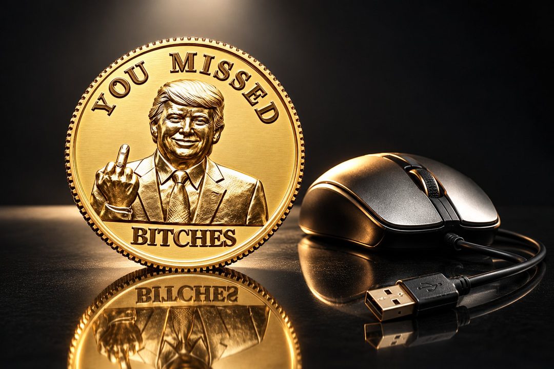 Gold YMB coin standing next to a computer mouse on a reflective surface