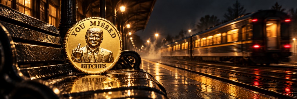 Gold YMB coin on a wet train platform bench as a train departs at night